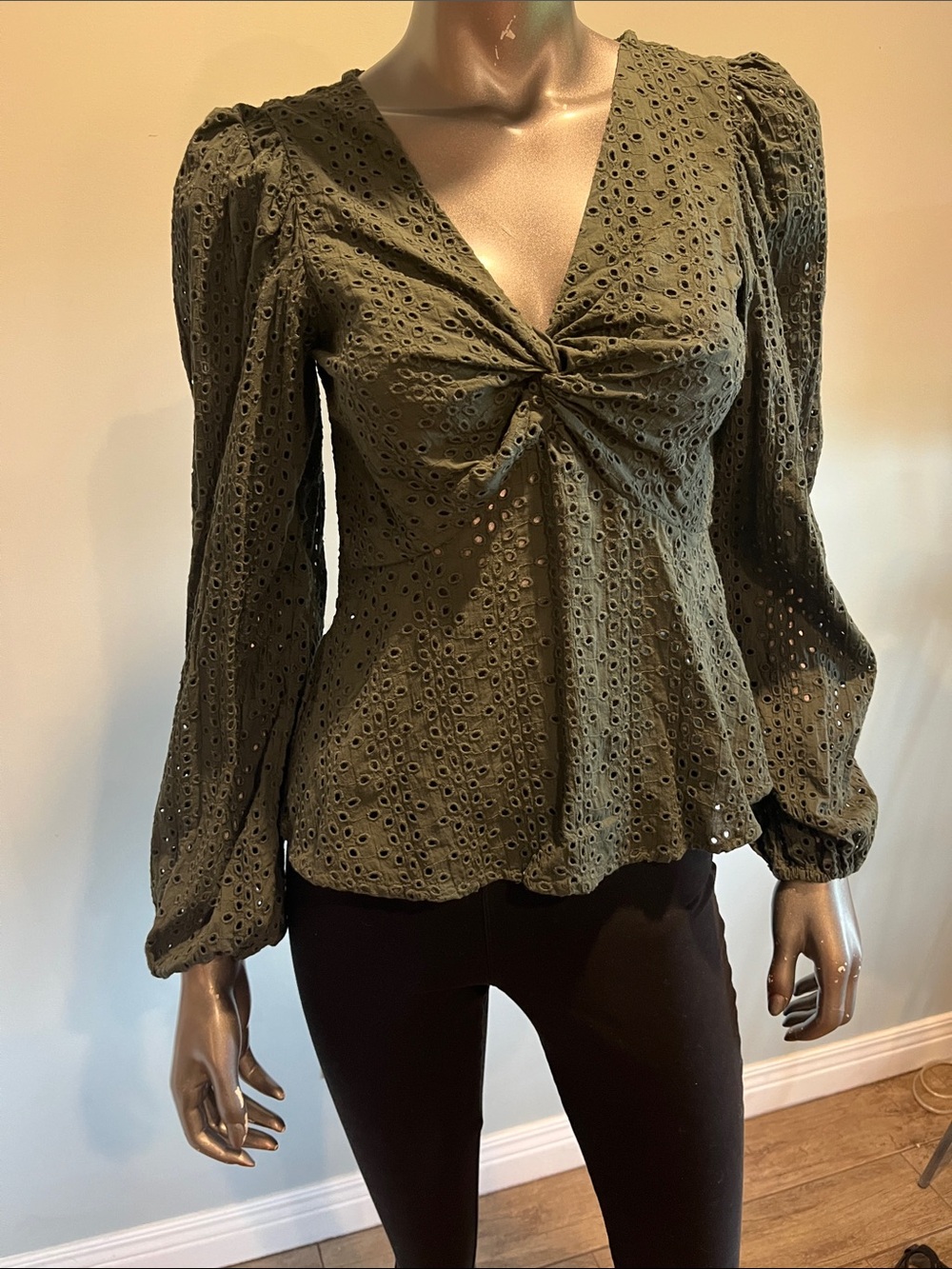 ASOS Olive Eyelet Twist-Front Peplum Blouse
